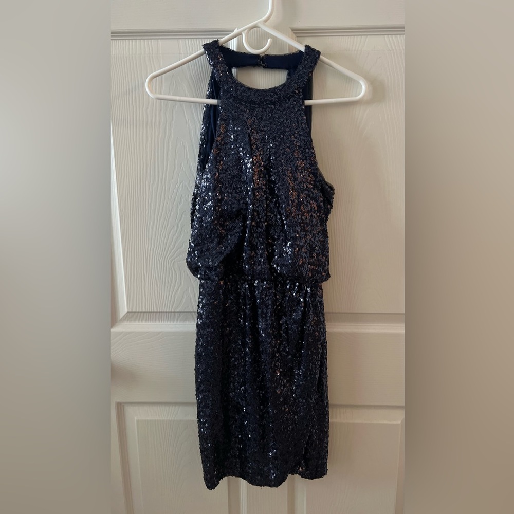 Navy Blue Sequin Halter Semi-Formal dress